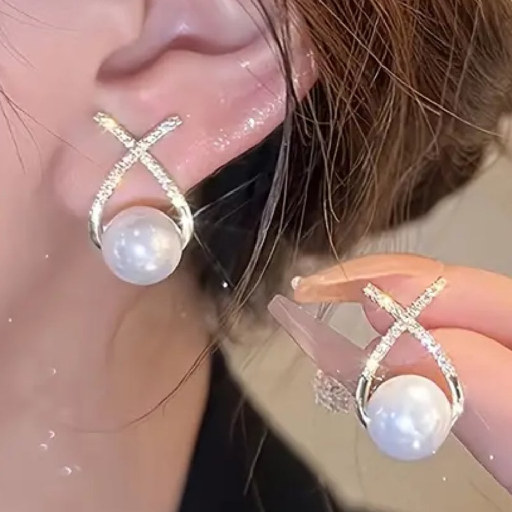 Brand New Silver Color Elegant Line Cross Stud Earrings with Imitation Pearl